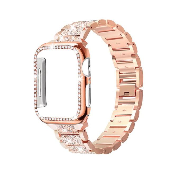 Watchbands rose gold / 38mm Diamond Case+strap for apple watch band 44mm 40mm Stainless Steel bracelet correa case+iwatch band 42mm 38mm 5 4 3 2 44 42 40mm|Watchbands|