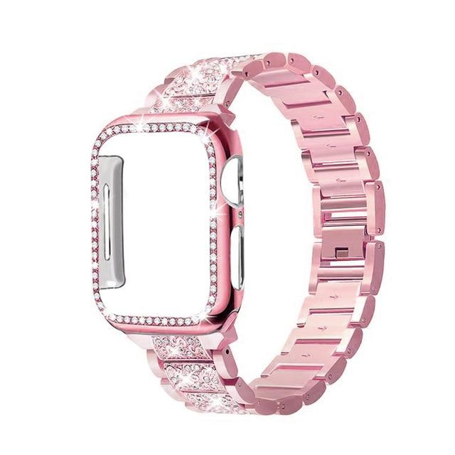 Watchbands rose pink / 38mm Diamond Case+strap for apple watch band 44mm 40mm Stainless Steel bracelet correa case+iwatch band 42mm 38mm 5 4 3 2 44 42 40mm|Watchbands|