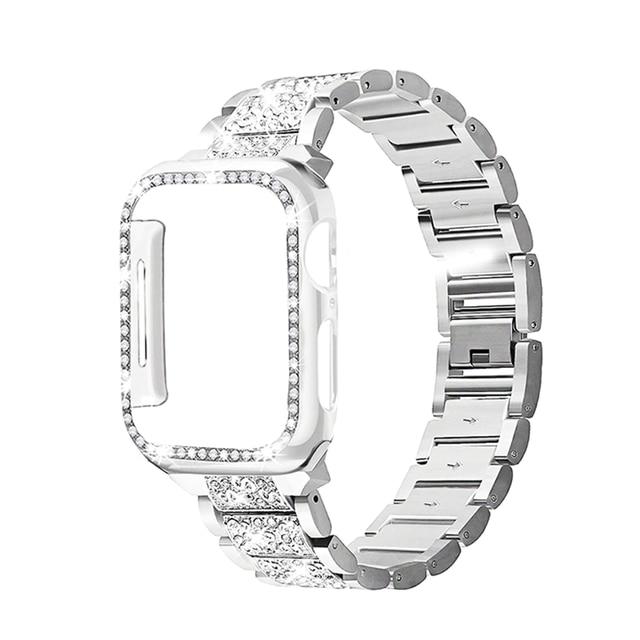 Watchbands silver / 38mm Diamond Case+strap for apple watch band 44mm 40mm Stainless Steel bracelet correa case+iwatch band 42mm 38mm 5 4 3 2 44 42 40mm|Watchbands|