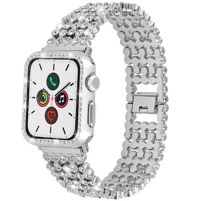 Watchbands silver / 38mm Luxury Diamond Case+Stainless Steel Strap for Apple Watch Band 38mm 42mm 40mm 44mm Women Bracelet iWatch Series SE 6 5 4 3 2 1|Watchbands|