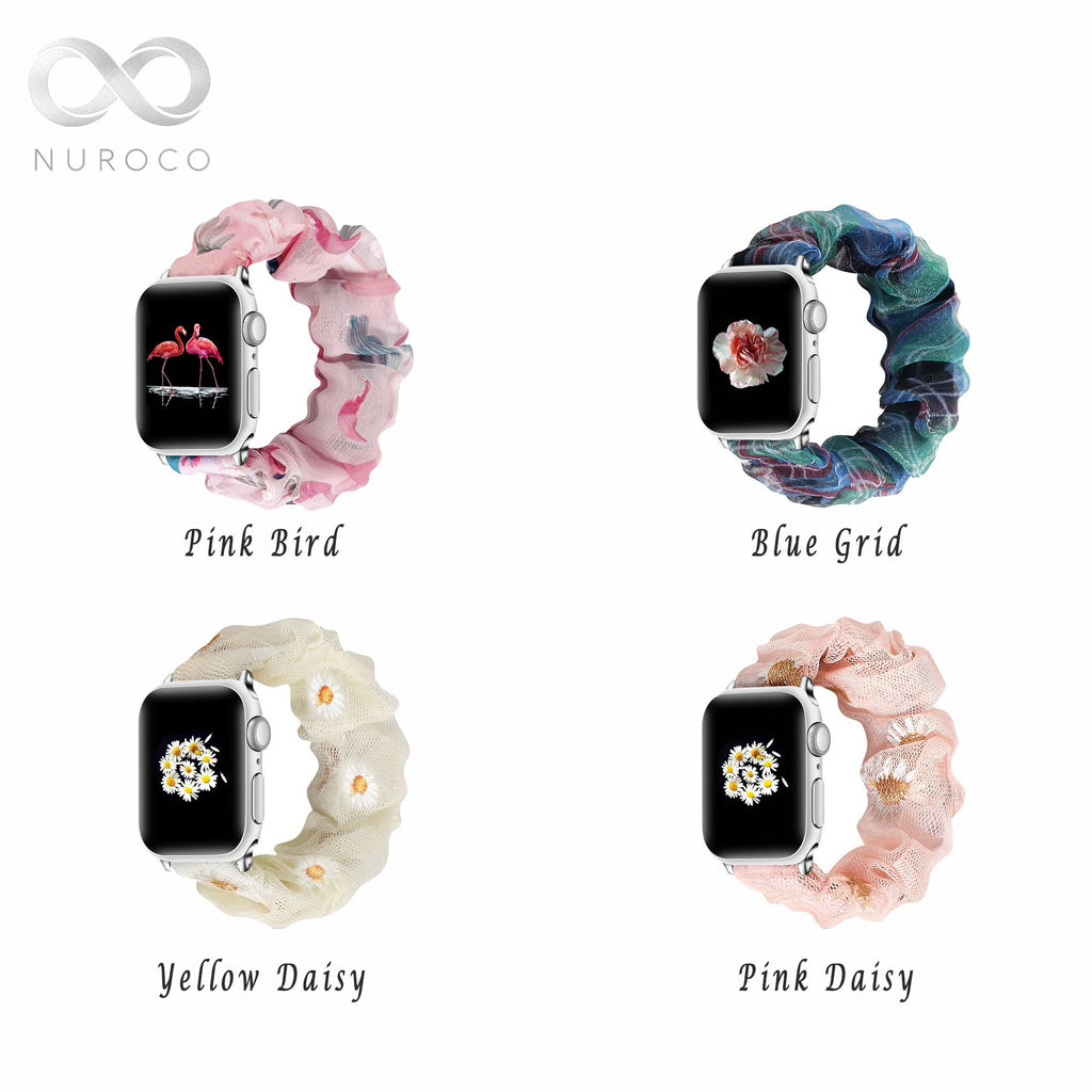 Watchbands Black yoga daisy flowers embroidered flowers on mesh chiffon breathable fabric, apple watch band straps 38 40 42 44 mm series 5 4 3 2 1