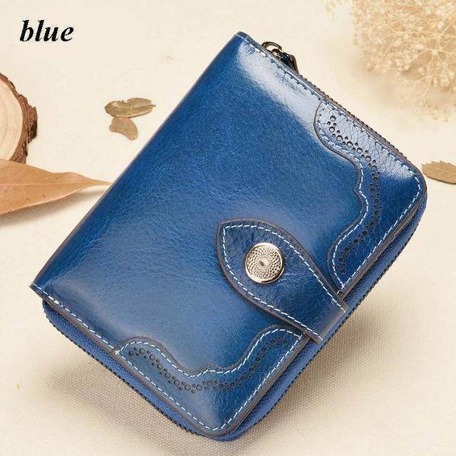 Wallets blue Vintage Genuine Real Leather Women Short Wallets Small Wallet Coin Pocket Card Holder Female Purses Money Bag
