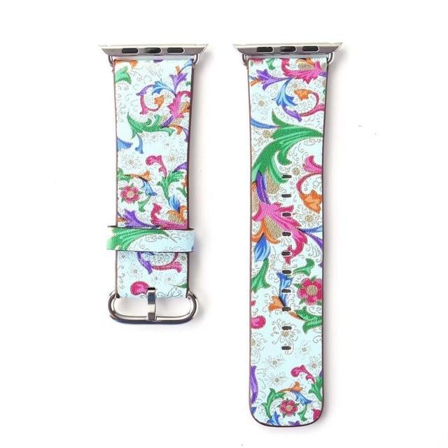 Floral Printed Bracelet Belt Leather For Apple Watchband series 7 6 5