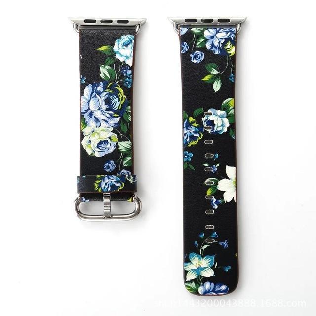 Floral Printed Bracelet Belt Leather For Apple Watchband series 7 6 5