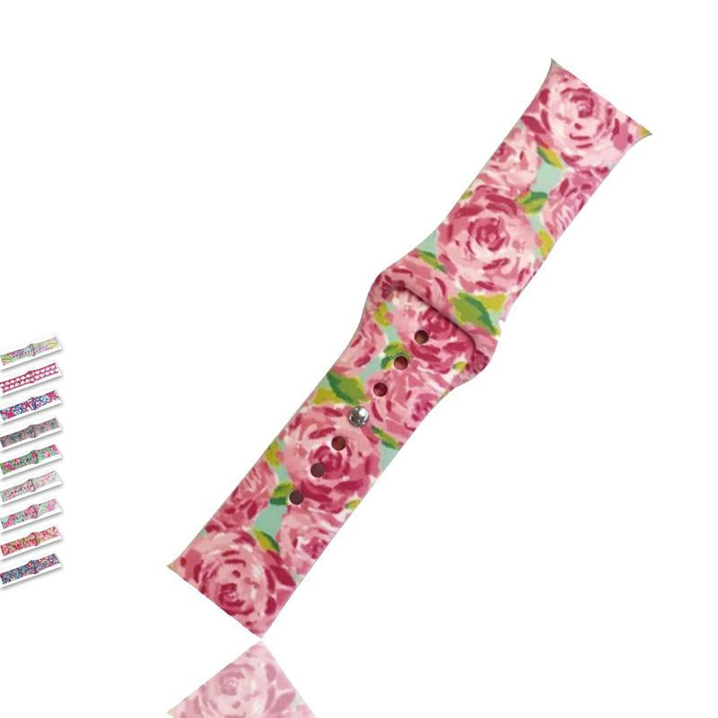 Apple Watch Band Floral Print Lily Rose Sports Silicone Rubber Strap, iWatch Fit Nike Series 5 4 3 2 40mm 38mm 44mm 42mm