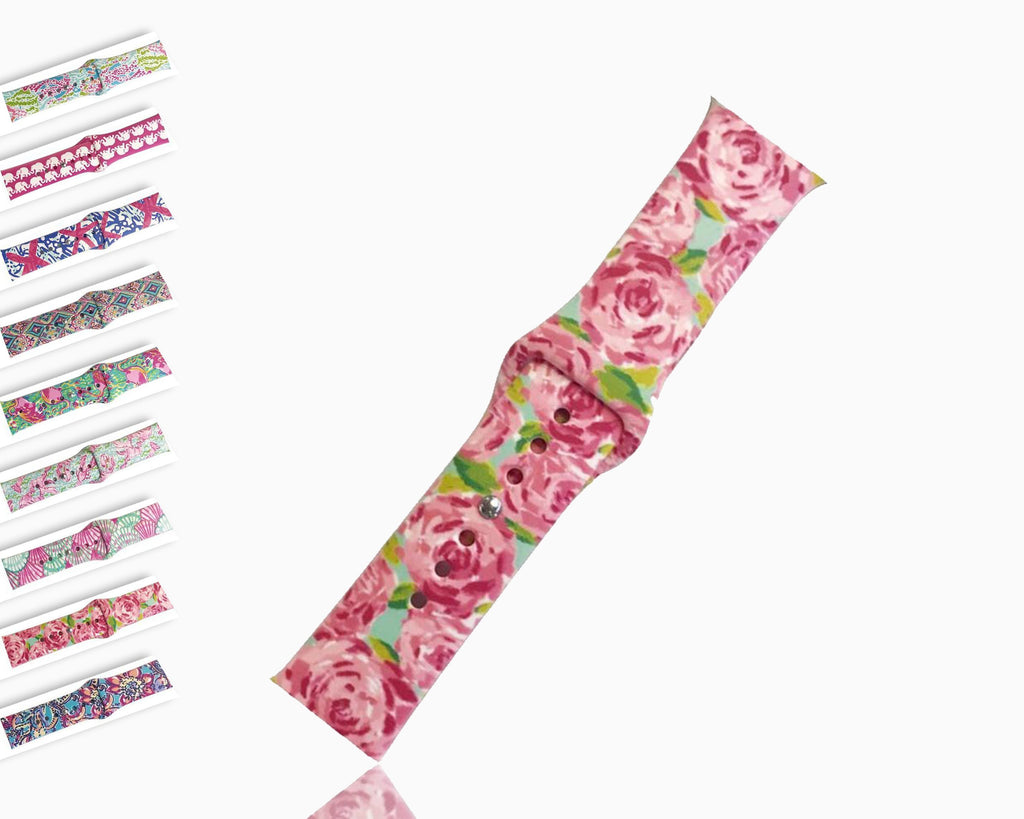 Apple Watch Band Floral Print Lily Rose Sports Silicone Rubber Strap, iWatch Fit Nike Series 5 4 3 2 40mm 38mm 44mm 42mm