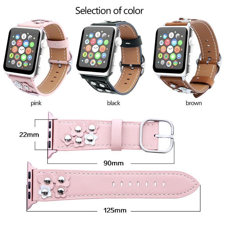 Apple Watchband Rivet Flower Leather Strap 7 6 5 4 Stainless Steel