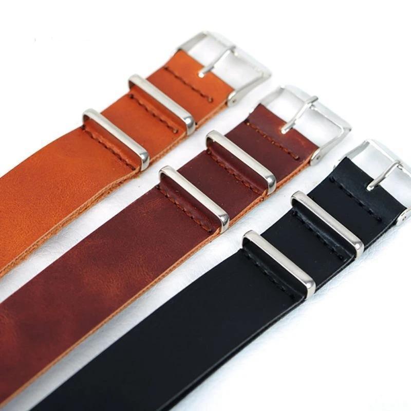 Men Genuine Leather Military Watch Strap (3 Rings) Design Band Stainless Steel Buckle Watchband 18 22mm|Watchbands|