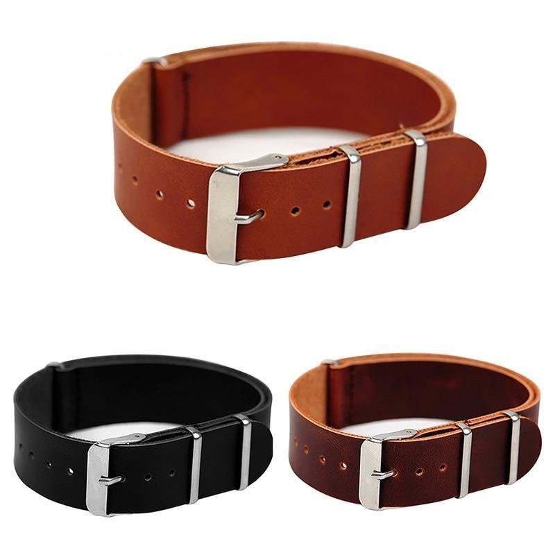 Men Genuine Leather Military Watch Strap (3 Rings) Design Band Stainless Steel Buckle Watchband 18 22mm|Watchbands|