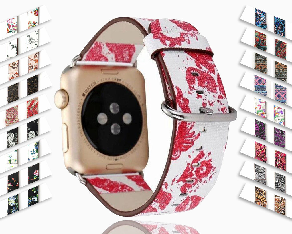 Watchbands Floral Printed Leather strap for Apple Watch 44mm/40mm/42mm/38mm iwatch Bracelet belt watchband series 6 5 4 3 accessories - US Fast Shipping