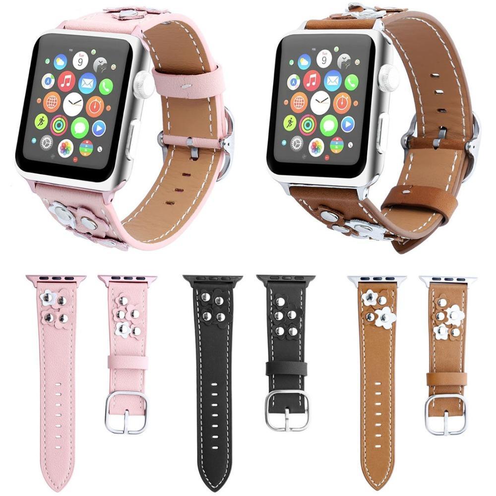 Apple Watchband Rivet Flower Leather Strap 7 6 5 4 Stainless Steel