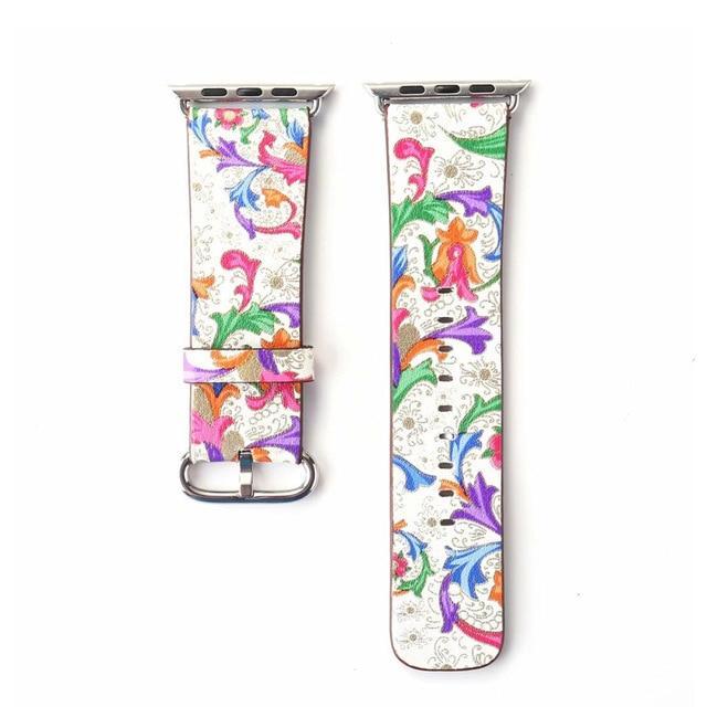 Floral Printed Leather Strap iWatch Bracelet Leather Watchband 7 6 5