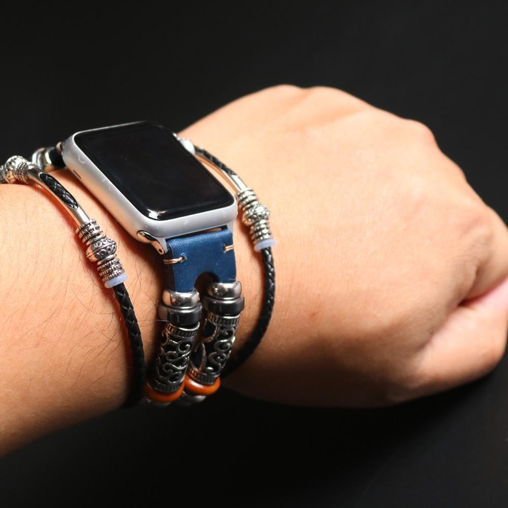 Watches Apple Watch Series 5 4 3 2 Band,  Homemade Ethnic Vintage Bead with leather, Retro Punk Style Bracelet 38mm, 40mm, 42mm, 44mm