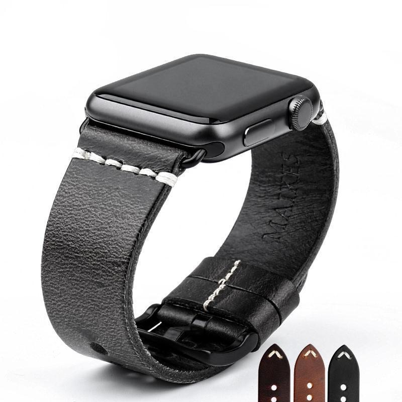 Watches Black buckle with black leather / 38mm / 40mm Apple Watch Series 5 4 3 2 Band, Vintage Oil Wax Genuine Leather Strap 38mm, 40mm, 42mm, 44mm