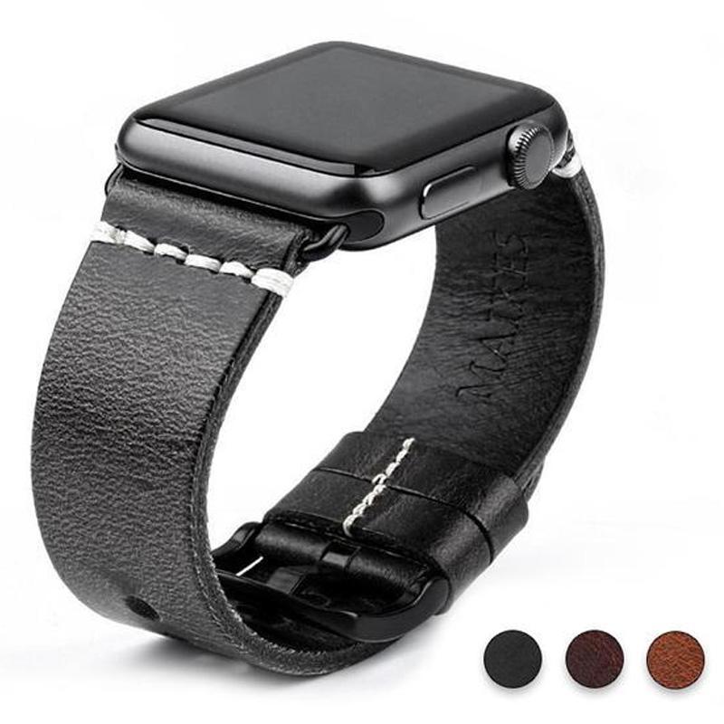 Watches Black buckle with black leather / 42mm / 44mm Apple Watch Series 5 4 3 2 Band, Vintage Oil Wax Genuine Leather Strap 38mm, 40mm, 42mm, 44mm