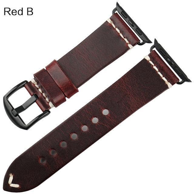 Watches Black buckle with red leather / 42mm / 44mm Apple Watch Series 5 4 3 2 Band, Vintage Oil Wax Genuine Leather Strap 38mm, 40mm, 42mm, 44mm