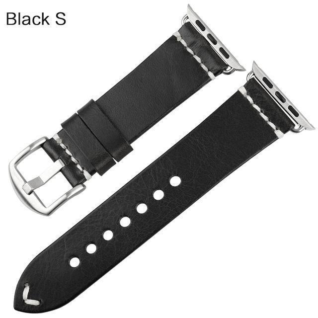 Watches Silver buckle with black leather / 42mm / 44mm Apple Watch Series 5 4 3 2 Band, Vintage Oil Wax Genuine Leather Strap 38mm, 40mm, 42mm, 44mm