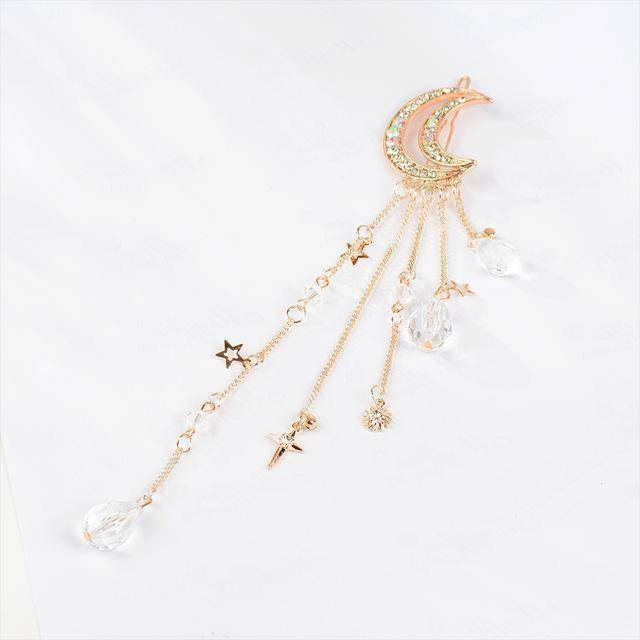 whats new Rose Gold Moon Crystal Dangle Drop Tassel Hair Clip