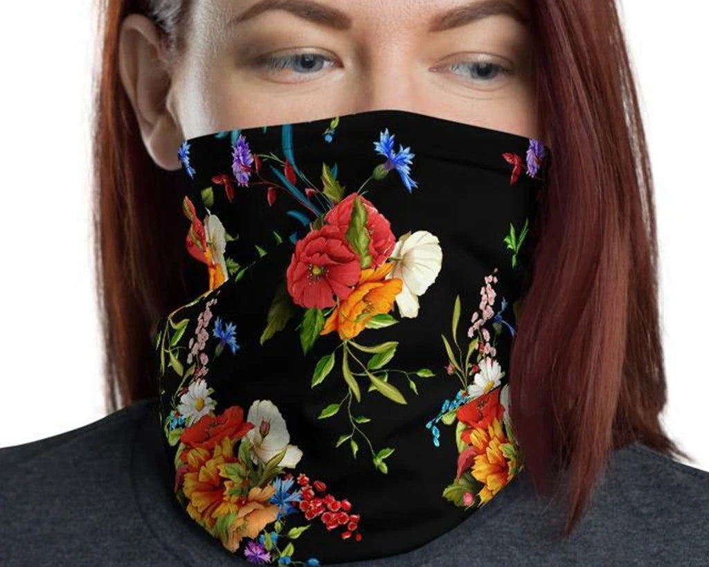 Wild Poppy Flower 12 in 1 Multi-functional Floral Face Cover black Scarf, Headband, Neck Gaiter mask Bandanna Balaclava- US Fast Shipping