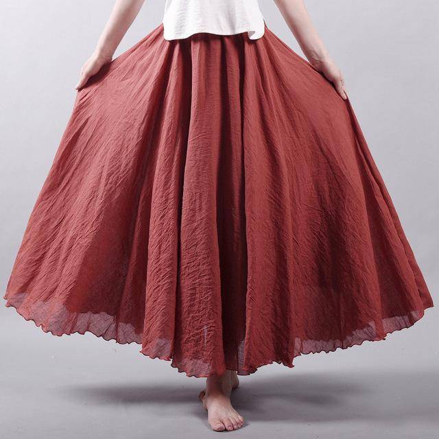 women bottoms Crimson / M Sizes M - L, Fits 24"-37" Waist, 12 Colors, Women Linen Cotton Vintage Long Boho Skirt