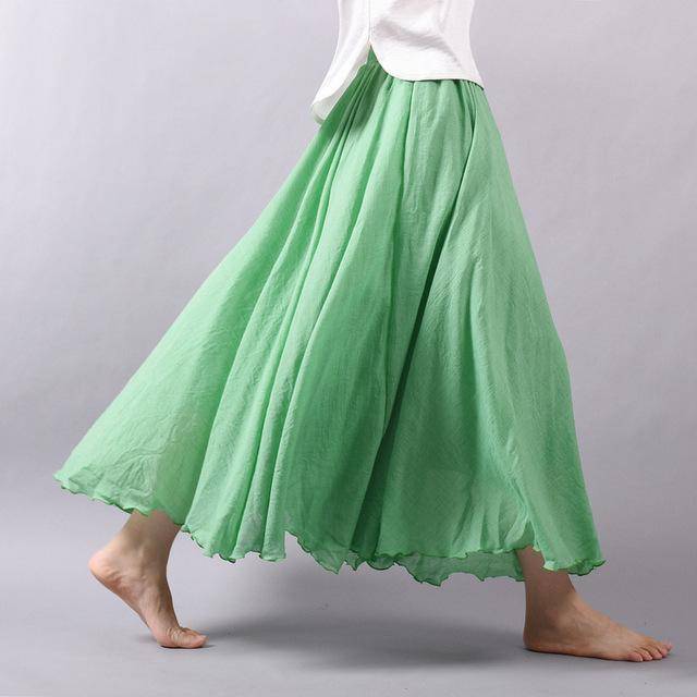 women bottoms Green / M Sizes M - L, Fits 24"-37" Waist, 12 Colors, Women Linen Cotton Vintage Long Boho Skirt