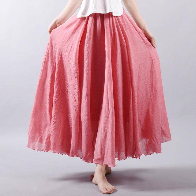 women bottoms Pink / M Sizes M - L, Fits 24"-37" Waist, 12 Colors, Women Linen Cotton Vintage Long Boho Skirt